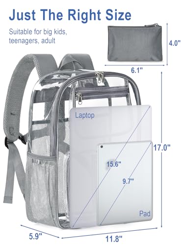Image of Heavy Duty Clear Backpack For School, 17 Inch Clear Bookbag For Kids Boys Girls Women Men, Large See Through Backpack With An Extra Pouch Accessories, Multi-Pockets Tranparent Bag, Work, Grey