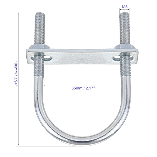 MACHSWON Round U-Bolt,2 Set Zinc Plated Alloy Steel M8 U Bolts 55mm(2.17") Inner Width 100mm Length with Nuts and Frame Plate for Automobiles Boat Trailer - Image 2