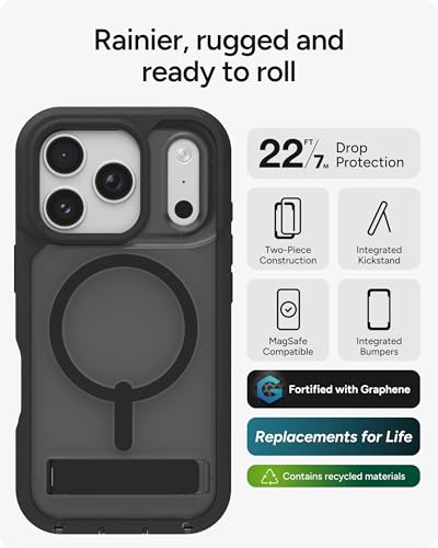 Image of ZAGG Rainier Case with Kickstand for iPhone 17 Pro - Smoke Black, Graphene 22ft (7m) Drop Protection, Lanyard Attach Points, MagSafe, Wireless Charging Compatible, 2-Piece Design, Phone Case