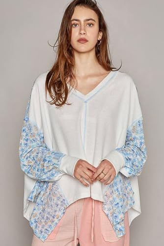 Women's White Abstract Floral Patchwork Batwing Sleeve V Neck Blouse3