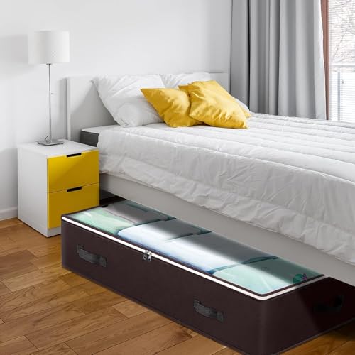 Image of Budding Joy 6 Pack 90L Under bed Storage Containers Organizer Large Capacity Underbed Clothes Storage Bins Organization and Storage Bedroom Foldable Storage Bags with Clear Window Brown | Clothes storage bins foldable storage bags with clear window for blanket, comforter, sweaters, pillows, wrapping paper