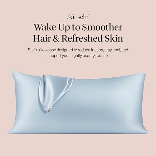 Image of Kitsch Satin Pillowcase with Zipper for Hair & Skin - Softer Than Silk Pillow Cases, Smooth Cooling Satin Pillow Case, Wrinkle-Free, Machine Washable, King Size Satin Pillow Case 19x36 -Haze Blue