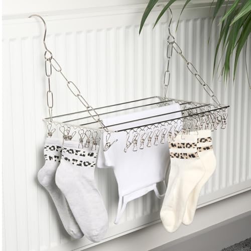 OHS Indoor Clothes Drying Radiator Airer with Pegs, Space Saving Drying Rack Pegs Equipped Multi-Use & Easy to Store for Vests Socks & Underwear for Home Space - White One Size