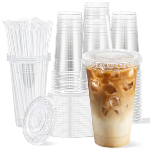 Clawsoff 100 Pack 20 oz Disposable Clear Plastic Cups with Lids and Straws Leak-Proof Sturdy Cold Drink Cups for Iced Coffee Smoothies Juice Parties & Business