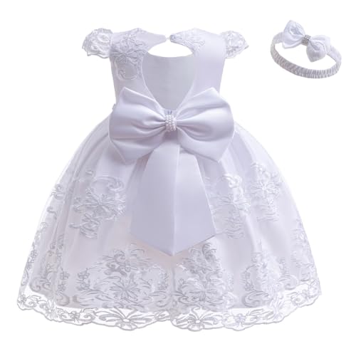 Baby Girls Christening Backless Embroidered Lace Dress Princess Bowknot Wedding Birthday Party Baptism Gown w/Headwear