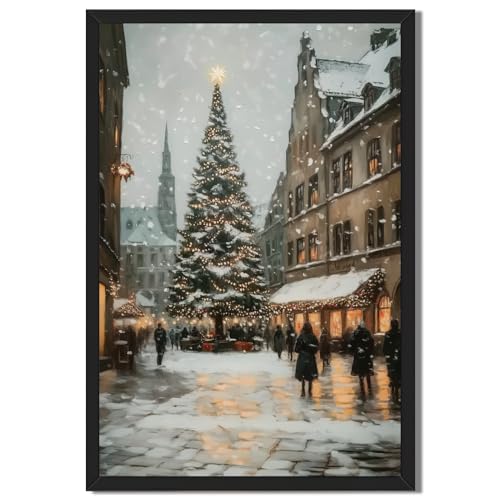 Christmas Tree City Street Wall Art Snowy Town Scene Poster Vintage Holiday Canvas Print Winter Decor Rustic Farmhouse Xmas Pictures Painting Decoration for Living Room Home 12x18inch Black Frame