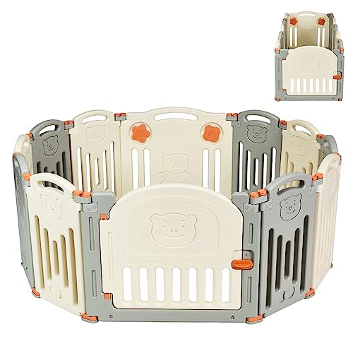 Maxmass 12 Plastic Panels Baby Playpen, Foldable Infant Safety Activity Center with Security Lock Door and Non-Slip Suction Cup, Adjustable Toddler Play Yard for Playing for Outdoor, Indoor