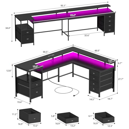 Image of Furologee 66 inch Reversible L Shaped Gaming Desk with 6 Drawers & Printer Storage Shelves, Corner Computer Desk with Power Outlets & LED Lights, Home Office Table with Monitor Stand, Black