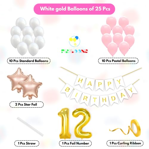 Image of Flyloons 12th Happy Birthday Decoration Kit Pink White for Boys Girls Kids Twins Men Women With 20 Pcs Pastel Balloons Birthday Banner 2 Pcs Star Items Set