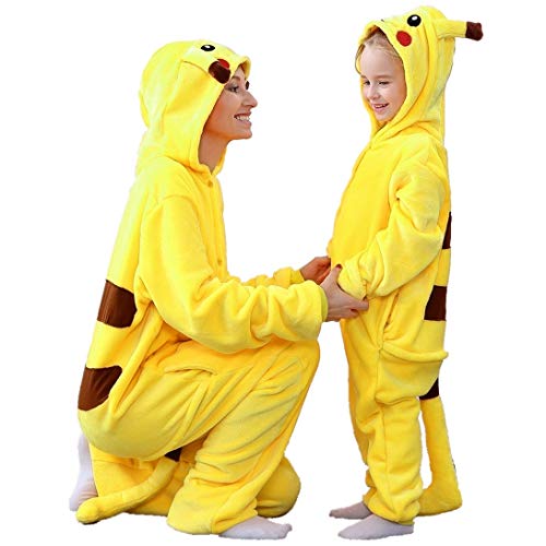 LuckyBaby Enfants Femme Pyjamas Pikachu Adulte Anime Onesies Combinaison Cosplay HalloweenCostume Vêtements (Jaune, 130)