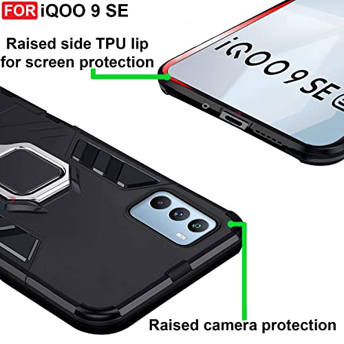 Image of CEDO Kickstand Cover for iQOO 9 SE (5G) Rugged Case | Built-in Stand Rotating Ring Holder | Military Grade Armor Bumper Back Cover (Black)