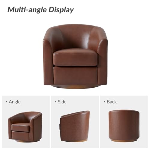 Image of HULALA HOME Genuine Leather Swivel Accent Chairs Set of 2 with Solid Wood Base, Round Swivel Barrel Chairs for Living Room and Bedroom, Brown