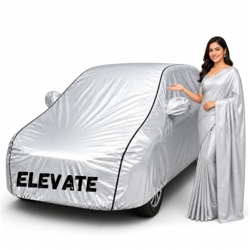 Image of Waterproof Car Body Cover for Elevate All Weather Protection Comes with Inner Cotton Lining & Triple Stitched with Mirror & Antenna Pocket Belt & Elastic Fit Metallic Silver with Black Piping