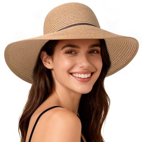 Sun Hats for Women, Straw Hats UPF 50+ UV Sun Protection, Wide Brim Packable Foldable Bowknot Womens Beach Hat for Summer Travel Khaki