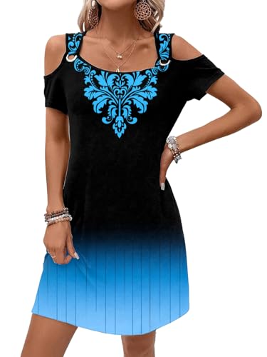 Image of GUNEST Womens Summer Dress Cold Shoulder Scoop Neck Short Sleeve Spaghetti Strap with O Ring Fashion Sundress with Pockets