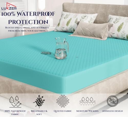 Image of Lukzer 100% Waterproof Quilted Mattress Protector Sky Blue Double Bed 72 x 48 Inches (6 x 4 ft) Cotton-Feel Bed Protector Noiseless Hypoallergenic Breathable Elastic Fitted Mattress Cover /Bed Cover