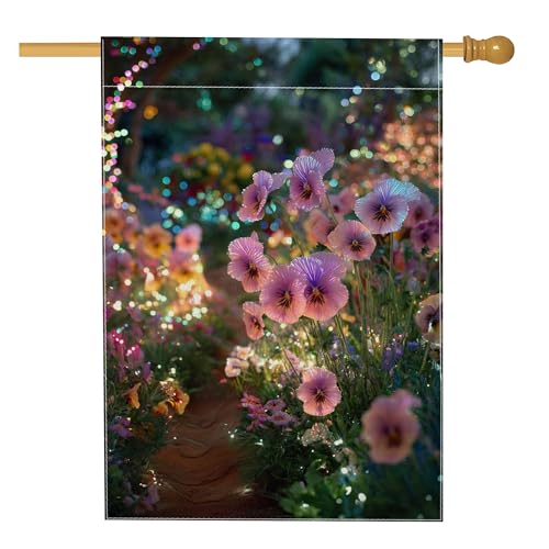 Drapeau floral de jardin printanier et été, pensée pêche, lumières LED, bannière de décoration de cour, double face en polyester, décoration de pelouse pour fête de vacances, 71 x 101,6 cm