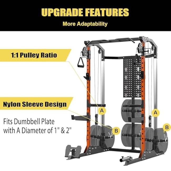 Multi-Function Power Cage, Power Rack with Dual Independent Pulley System, 2000LB Capacity Workout Cage with Adjustable Cable Crossover System and Training Attachment, Squat Rack for Home Gym