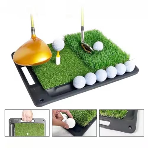 GolfBasic Dual-Turf Golf Practice Mat with Ball Tray – 16.7” x 12.8” Indoor/Outdoor Hitting Mat for Swing, Chipping & Driving | Realistic Fairway & Rough Grass | Tee Slot Included