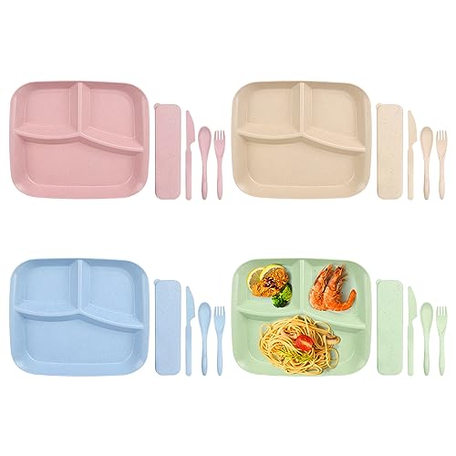 TOTSUN Set of 4 Unbreakable Divided Dinner Plates, 4 Colors Divided Sections Dinner Plate, 3 Compartment Plates with Knives Forks and Spoons for Adults Kids