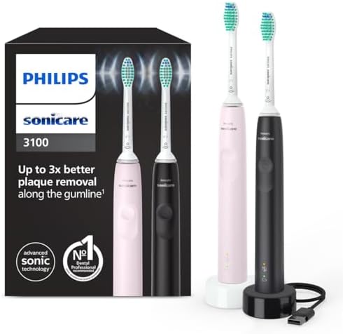 Philips Sonicare 3100, Brosse à dents électrique sonique, capteur de pression et minuterie, rose pastel et noir, pack de 2, modèle HX3675/15