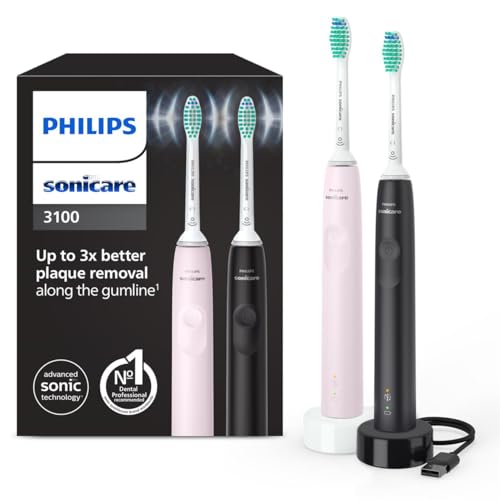 Philips Sonicare 3100, elektryczna soniczna szczoteczka do zębów z czujnikiem siły nacisku i zegarem programowanym, kolor pudrowy róż i czarny, dwie sztuki, HX3675/15