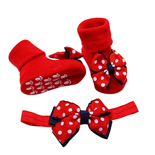 Baby Feet Rattle Socks Toddler Infant Adorable 1PC Bowknot Socks +1PC Hairband Girls Point Non Slip Socks for3
