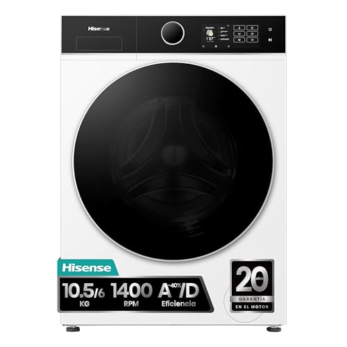 Hisense WD5I1045BWQ - Lavadora secadora 10,5 Kg lavado, 6 Kg secado, Clase A-40%/D, 1400 rpm, puerta cristal, conectividad WiFi, fondo reducido 55cm - color Blanco