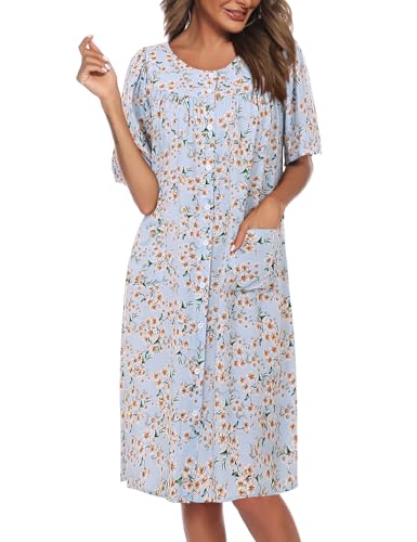 Image of COSUNIONY House Dresses for Women Cotton Short Sleeve House Coat Buttons Down Dusters Robe with Pockets S-XXL