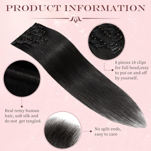 UK-Fashion-Shop Human Hair Extensions Clips in Real Hair Extension 8pcs 18 clips Long Straight Natural 14inch(60g)#1 Jet Black - Image 4