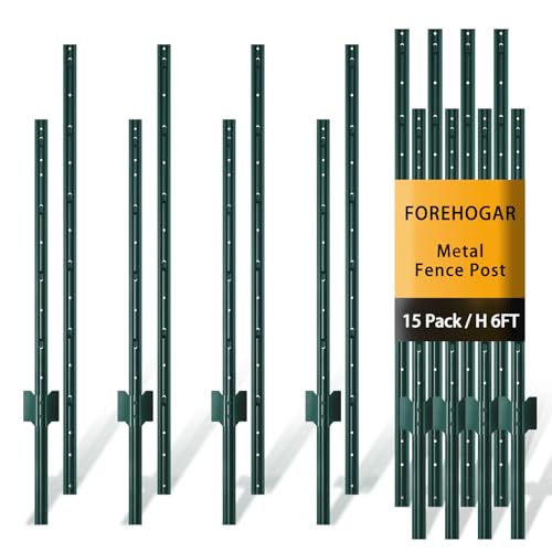 FOREHOGAR Metal Fence Post Green Splicing 6 feet Pack of 15 T Posts for Fences Wire Mesh No Dig Steel Stakes Fencing for Garden Yard Farm Outdoor Light Duty