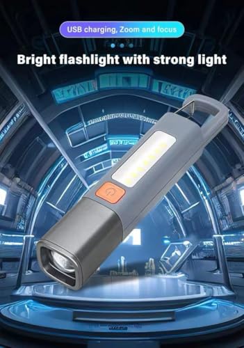 Image of TRENDING Rechargeable LED Flashlight with COB Side Light - USB Type-C Portable Torch Light with Hanging Hook, Emergency Work Light for Camping, Home, Outdoor & Power Cut