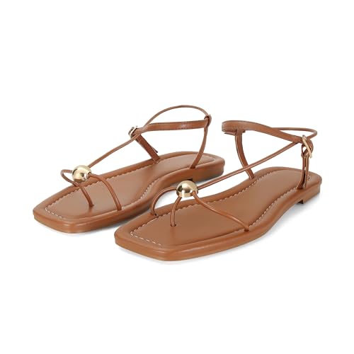 Image of Strappy Flat Sandals for Women Comfortable Open Square Toe Slingback Sandals Dressy Beach Thong Flip Flop Slides Sandals