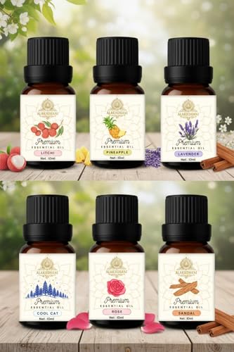 Image of Aroma Diffuser Oil Combo of 6 x 10ml - 60ml | Litchi, Pineapple, Lavender, Cool Cat, Rose, Sandal | Toxin-Free | for Diffuser, DIY, Aroma Use | Pack of 6