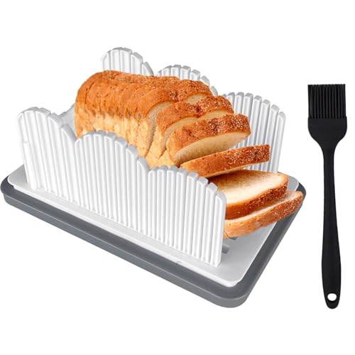 2025 New Bread Sicer for Homemade Bread with Silicone Pastry Brush Bread Slicing Guide Adjustable Width Foldable and Compact Handhold Bread Slicer with Crumb Tray Bread Cutting Guide Tools