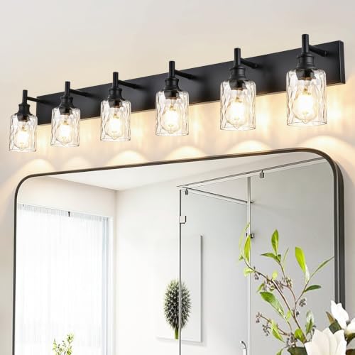 Image of 6 Light Bathroom Vanity Lights, Black Finish, Hammered Glass Shade | Modern Bathroom Wall Sconce Above Mirror, Dimmable Bath Wall Lighting Fixtures, E26 Socket, for Bedroom, Living Room, Kitchen