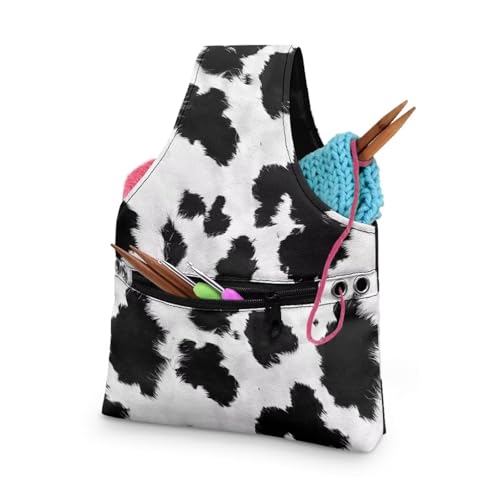 Image of KUIFORTI Cow Print Crochet Bag Small Yarn Storage Tote Bag Knitting Bag and Totes Organizer Yarn Holder for Crocheting on The Go