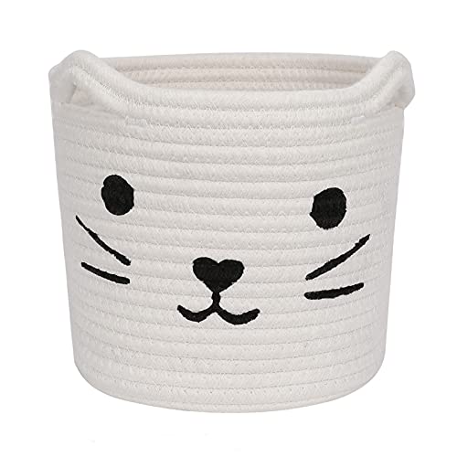 Cute Cat Shaped Woven Blanket Basket, Small Cat Basket Baby Hamper for Nursery with Handles, Living Room for Toys, Clothes, Towels, Gifts, 8”(D) x 7”(H)
