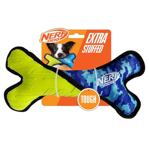 Nerf Dog 11in Tuff Rubber Dog Toy - Nylon Plush Bone Poly Filled Horizontal -Green/Blue