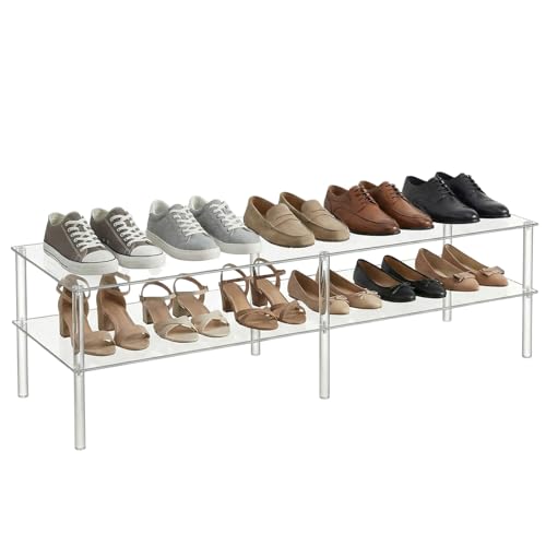 Image of 2-Tier Acrylic Shoe Shelf, Clear Acrylic Organizer, 42.5 inch L x 11.8 inch W x 12.2 inch H, Each Tier Holds up to 6 Pairs of Heels, Sneakers, Flats, Ideal for Closet, Entryway, Bedroom, Easy Assembly
