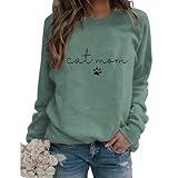 Womens Cat Mom Sweatshirt Cute Paw Graphic Long Sleeve Crewneck Pullover Tops Casual Loose Lightweig