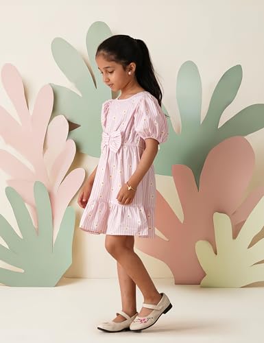 Image of Amazon Brand - Symbol Girls Bow Detail Pure Cotton Knee Length Casual Dress