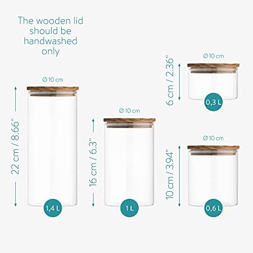 Navaris Glass Storage Jars (Set of 4) - Airtight Food Containers with Wooden Acacia Lids - Stackable Cylinder Canister Design for Kitchen Dry Goods