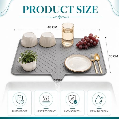 Image of AXIESO Silicone Dish Drying Mat for Kitchen - Built-in Drain Lip | Hygienic Drying Pad - Sturdy Compact Easy to Clean Tray Protects Surfaces Prevents Water Build Up (Gray 40*30 CM)