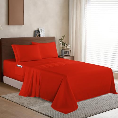 Image of Elegant Comfort Luxury 1500 Premium Hotel Quality Microfiber 4-Piece Sheet Set - Soft, All Around Elastic 18-24 Inches Deep Fitted Sheet - Extra Deep Pocket Sheets, Queen, Red