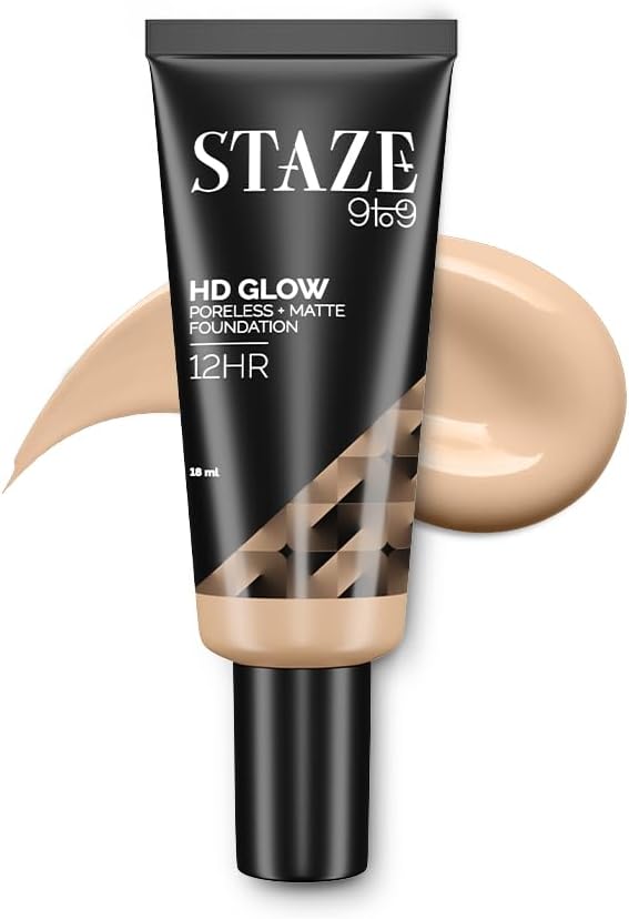 Staze9To9 Hd Glow Poreless + Matte Foundation, Hd Flawless & Poreless Finish, Buildable Coverage, Sweatproof, 12H Longlasting, Suitable For All Skin Types, 125W Vanilla, 18 Ml - Liquid