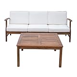 Lorelei Outdoor 3 Seater Teak Finished Acacia Wood Sofa and Table Set with Cream Water Resistant Cushions