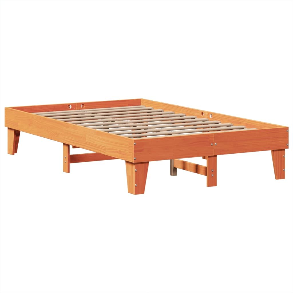 Massivholzbett 135x190 cm, Kiefernholz Wachsbraun, mit Stauraum, Lattenrost, Kopfteil, Bettrahmen für Schlafzimmer Möbel, Platform Bettgestell, stabil