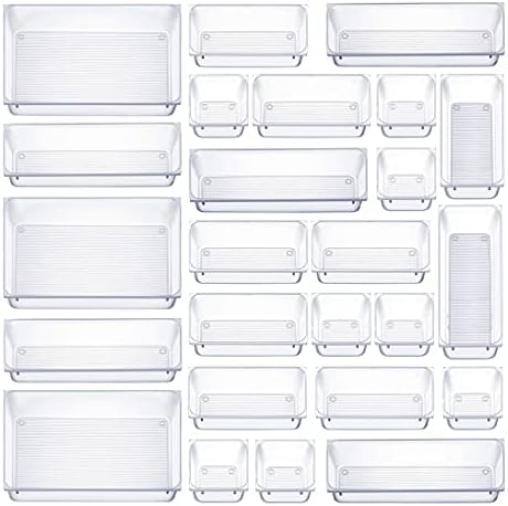 25 Pcs Drawer Organizer Set Dresser Desk Drawer Dividers - 4 Size Bathroom Vanity Cosmetic Makeup Trays - Multipurpose Clear Plastic Storage Bins for Jewelries, Kitchen Gadgets and Office Accessories