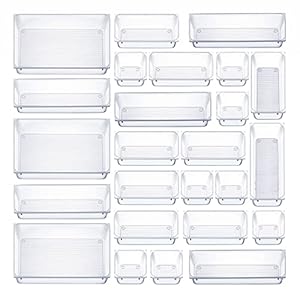 25 PCS Clear Plastic Drawer Organizers Set, 4-Size Versatile Bathroom and Vanity Drawer Organizer Trays, Storage Bins for Makeup, Bedroom, Kitchen Gadgets Utensils and Office Accessories